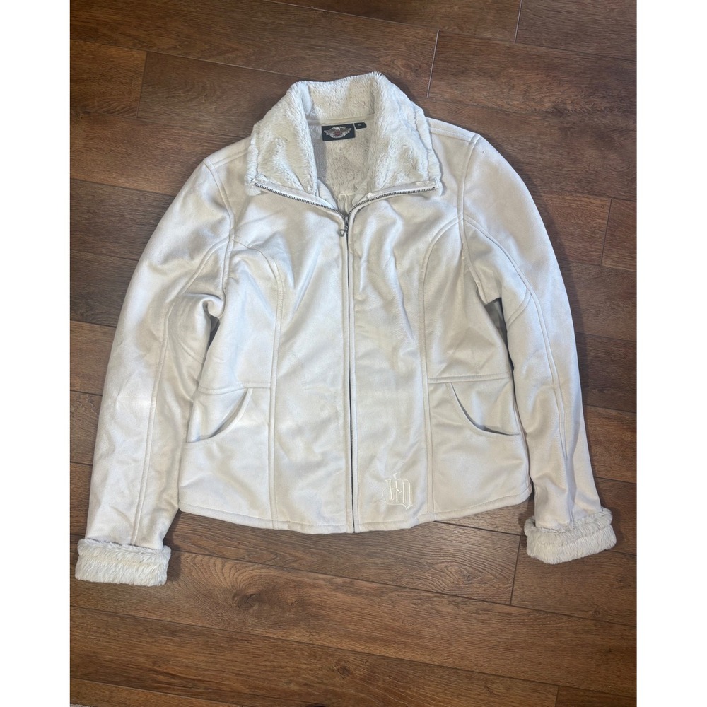 Harley Davidson Womens Sherpa Lined Faux Leather Jacket Cream XL Embroidered‎